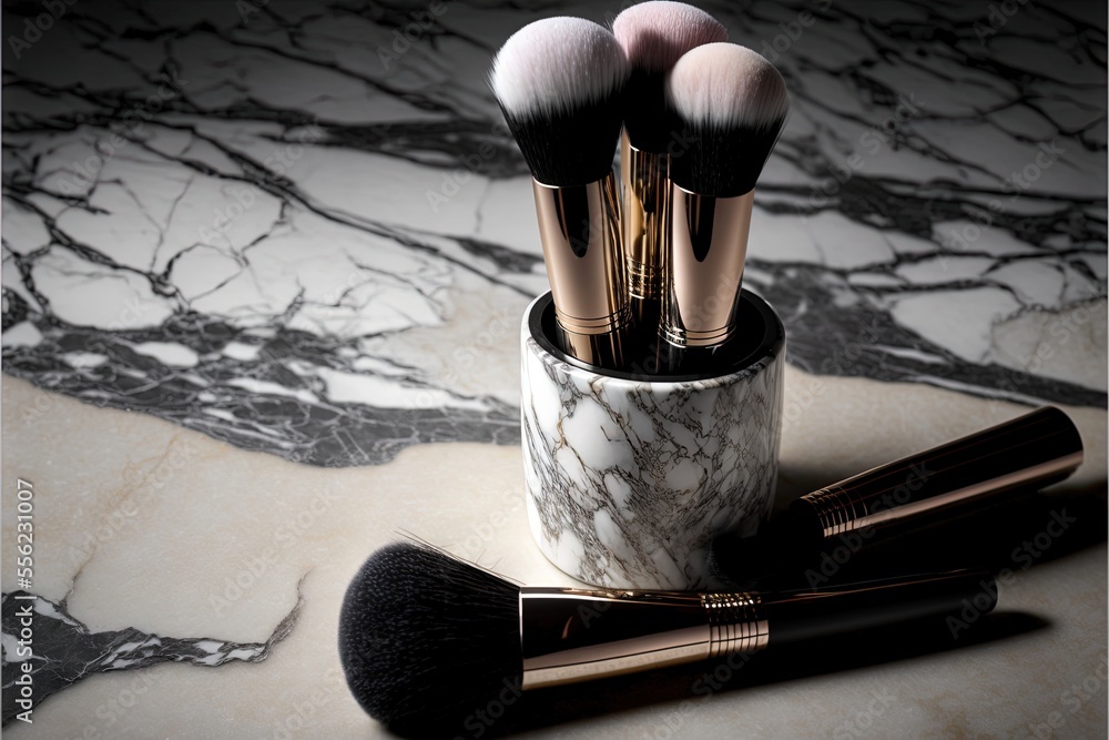 Poster a marble container with makeup brushes in it on a marble surface with a marble pattern behind it and