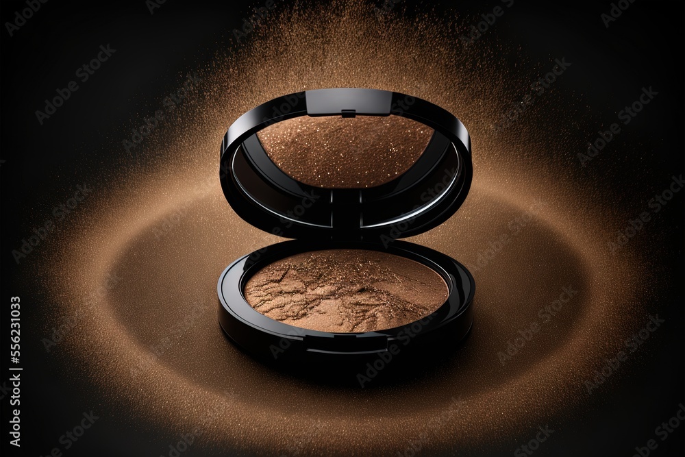 Poster a powdered powdered bronze in a black container on a dark background with a shadow of light coming f
