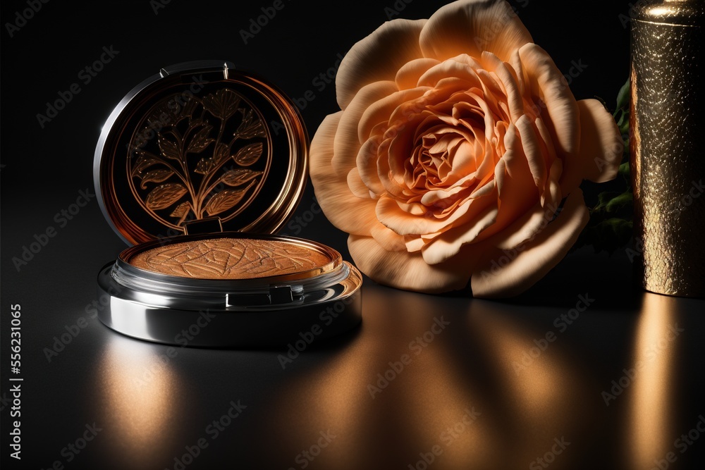 Poster a close up of a flower and a compact mirror on a table with a gold vase and a rose. generative ai