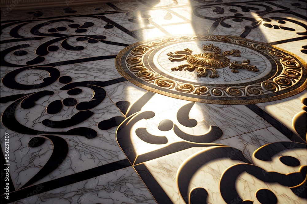 Poster a floor with a circular design on it and a light shining through the top of it and a shadow of a per