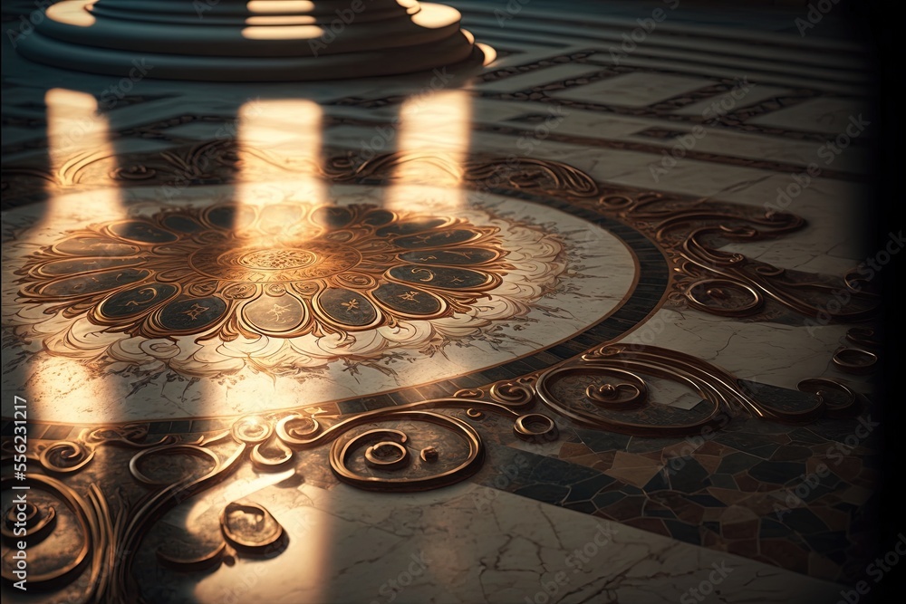 Poster a clock is sitting on a marble floor with a light shining through it and a clock tower in the backgr