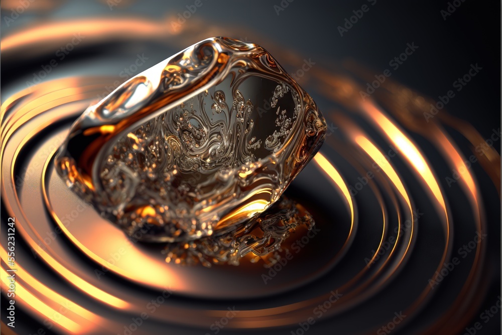 Poster a fancy glass object floating on top of a liquid puddle of water with a gold swirl around it and a b