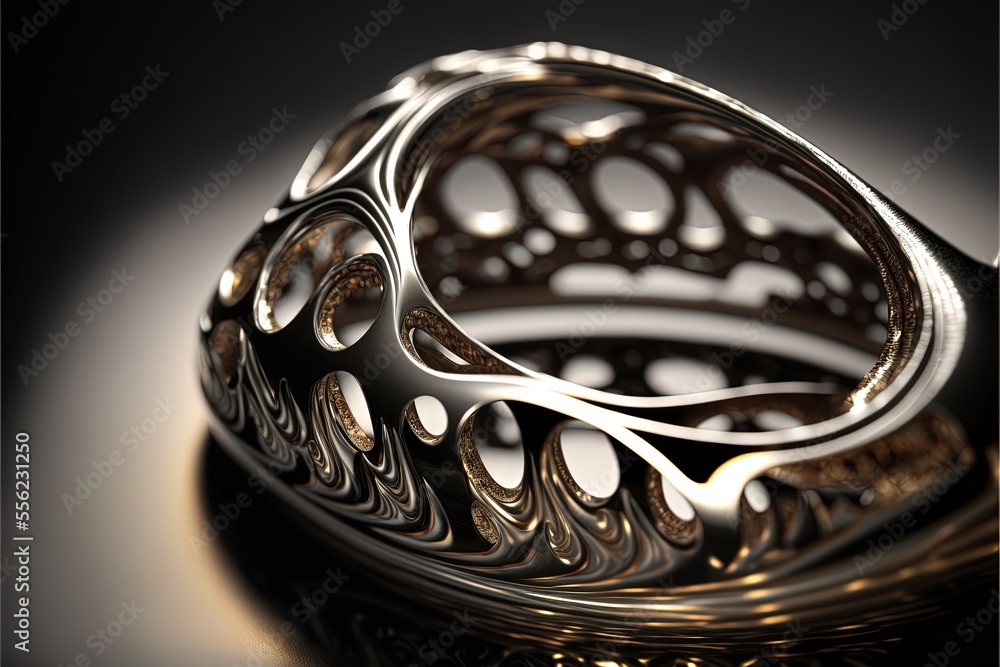 Poster a close up of a ring on a table with a black background and a reflection of the ring on the table. g