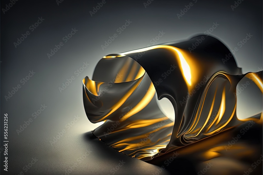 Poster a black and gold object on a table with a black background and a white background with a yellow stri