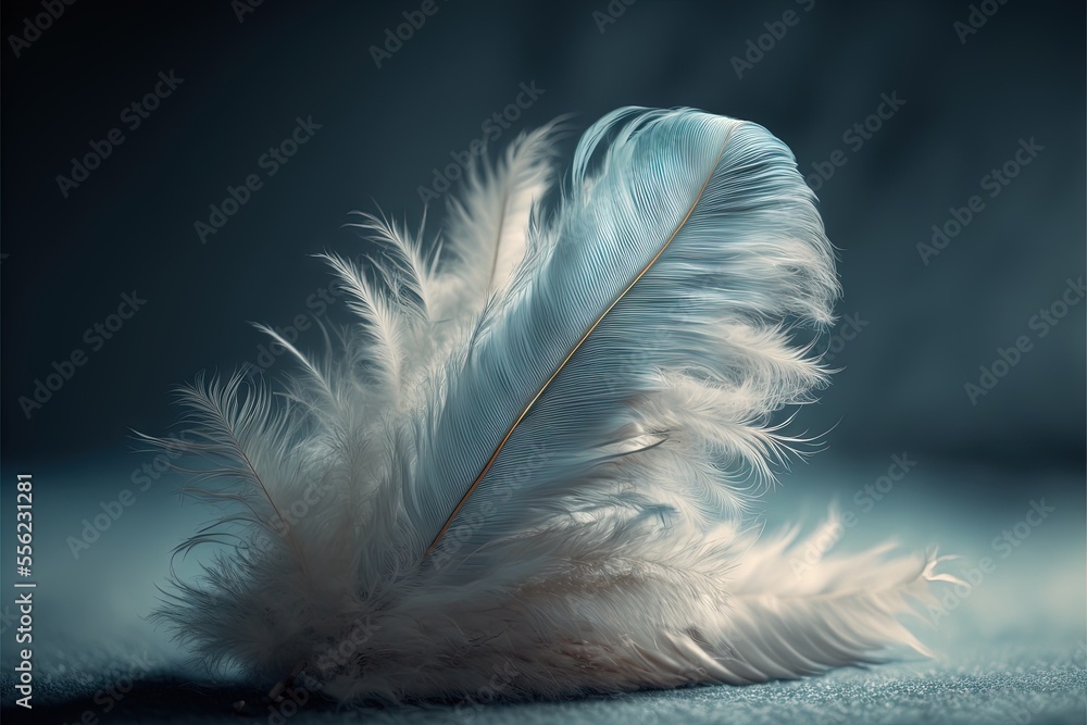 Poster a feather is laying on a blue surface with a black background and a white background with a black bo