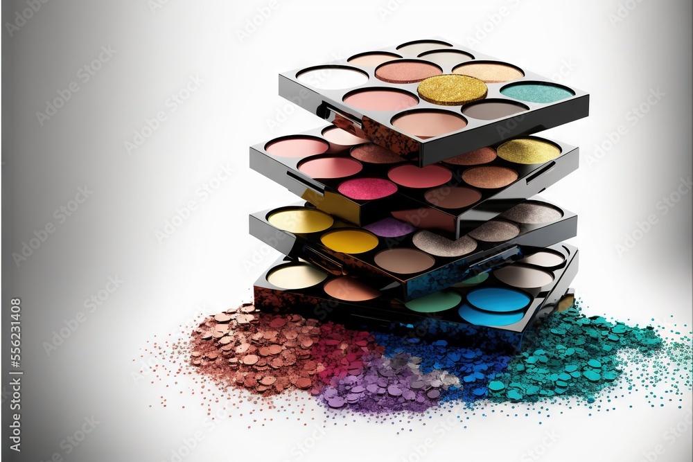 Poster a stack of makeup products with a white background and a rainbow of powders on the floor and a white