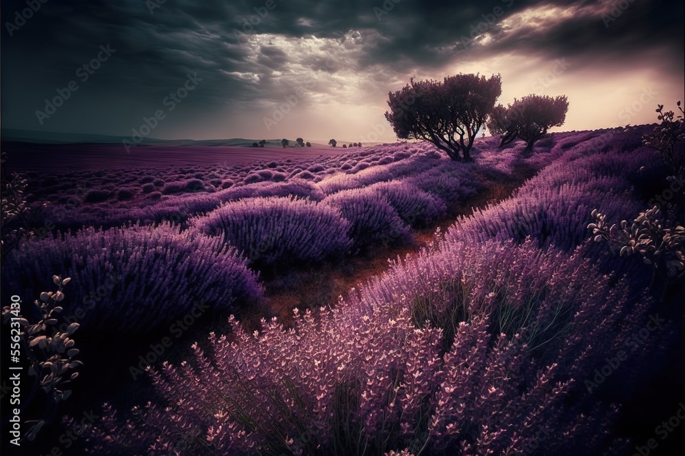 Poster a field of lavender flowers under a cloudy sky with trees in the distance and a dark sky with clouds