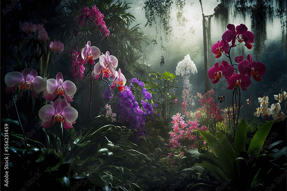 Poster a painting of a forest with orchids and butterflies in it and a butterfly flying over the flowers in