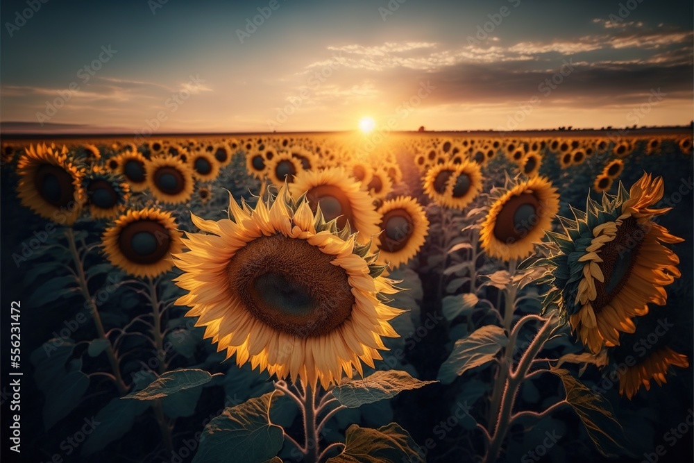 Poster a field of sunflowers with the sun setting in the background and a sky background with clouds and su