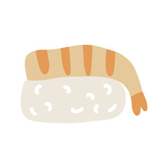 Sushi roll vector illustration with shrimp. Cute hand drawn cartoon illustration for asian food menu, stickers, wall art, restaurant logo