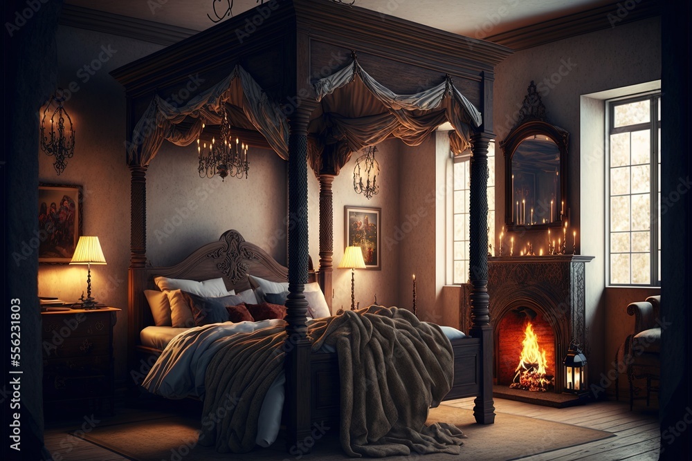 Poster a bed with a canopy and a fireplace in a room with a window and a chair and a table. generative ai