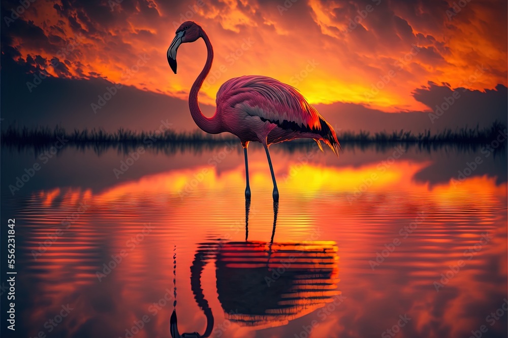 Poster a flamingo standing in the water at sunset with its reflection in the water and clouds in the backgr