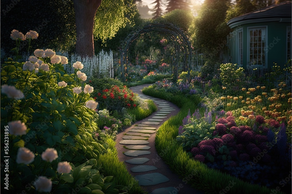Poster a garden with a path leading to a gazebo and a gazebo in the distance with flowers and trees. genera