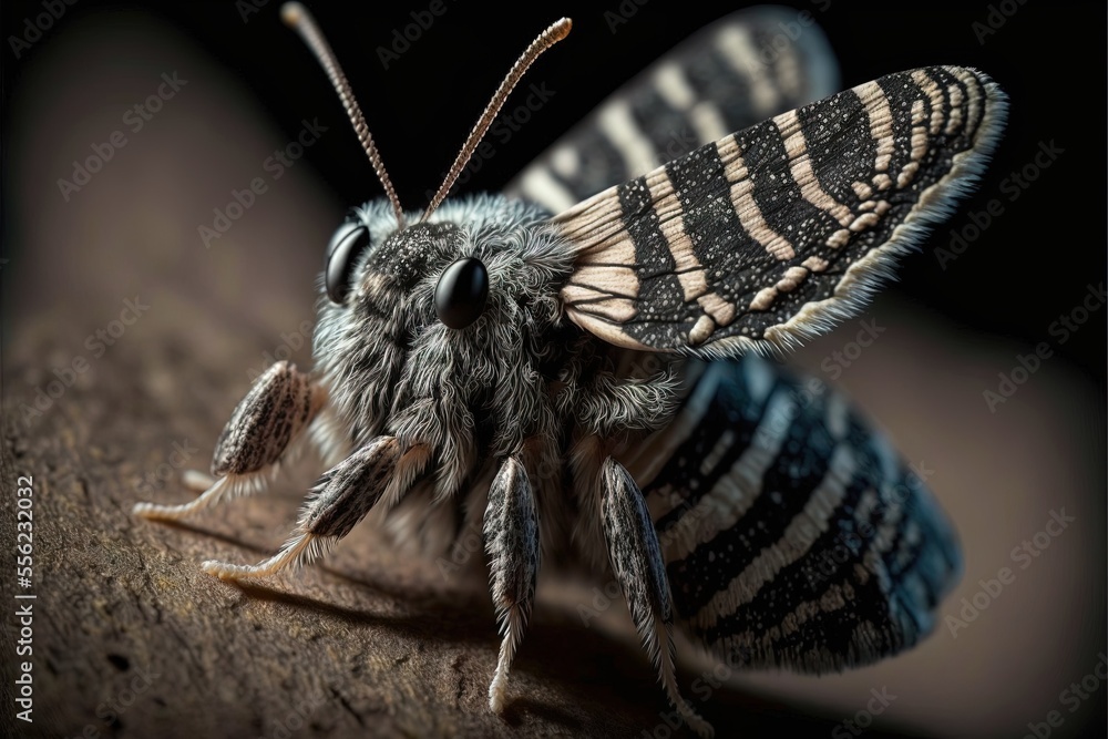 Poster a close up of a bug on a surface with a black background and a white stripe on the back of the bug. 
