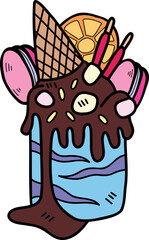 Hand Drawn Chocolate ice cream melted with cone illustration