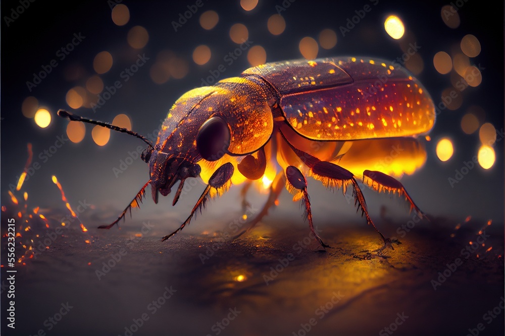 Poster a close up of a bug on a surface with lights in the background and a blurry background behind it. ge