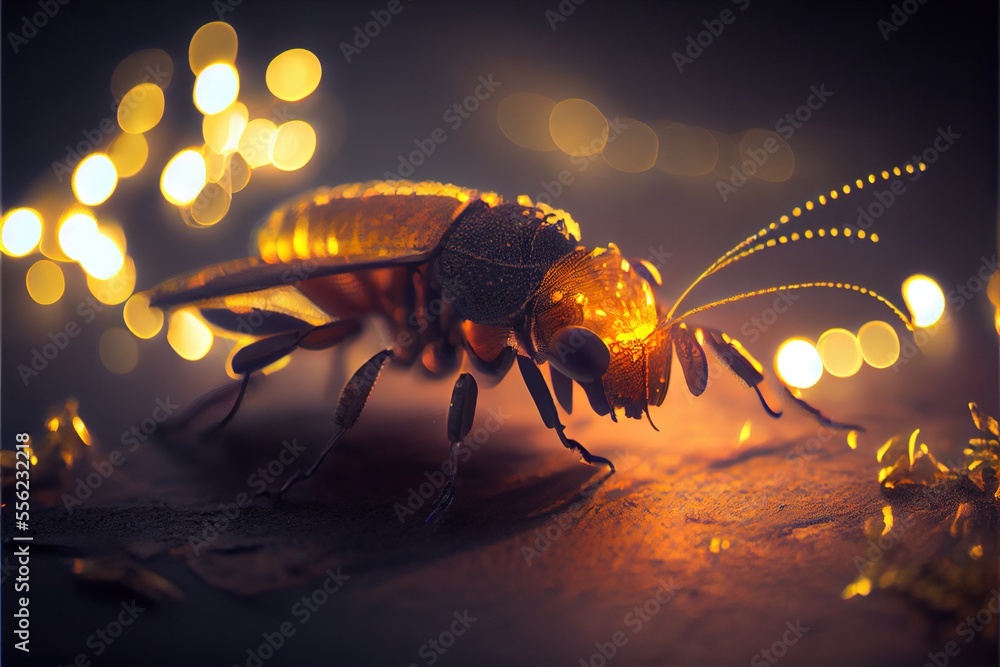 Poster a bug with yellow lights in the background and a blurry image of a bug on the ground in the foregrou