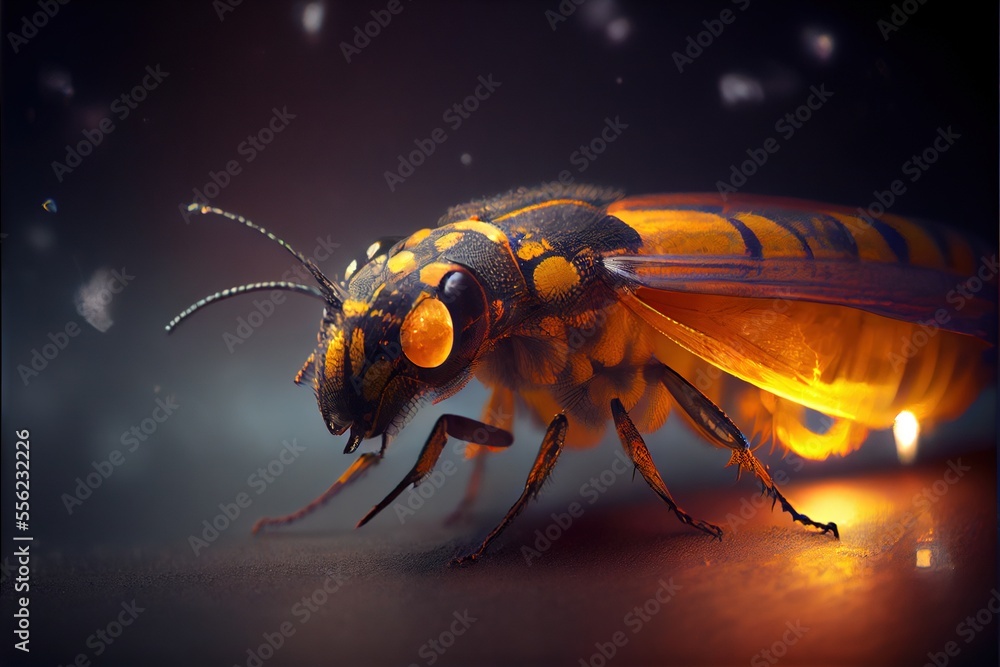 Poster a close up of a bee on a table with a light on it's back legs and wings. generative ai