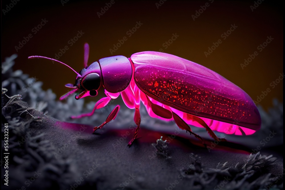 Poster a pink bug with a black background and a red light on it's back end is shown in the image. generativ