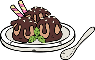 Hand Drawn Chocolate ice cream on a plate illustration