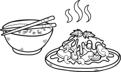 Hand Drawn Rice with Fried Vegetables Chinese and Japanese food illustration