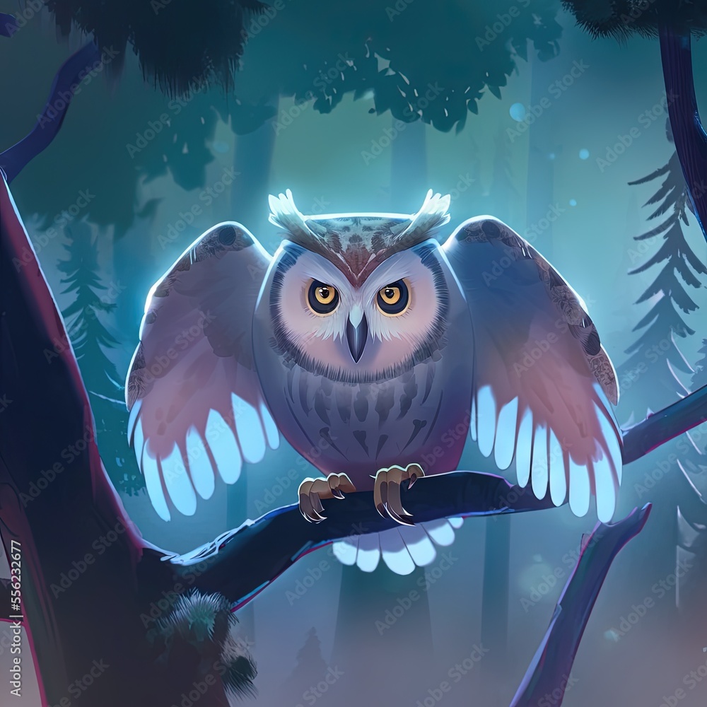 Poster an owl sitting on a branch in a forest with trees and snow in the background. generative ai