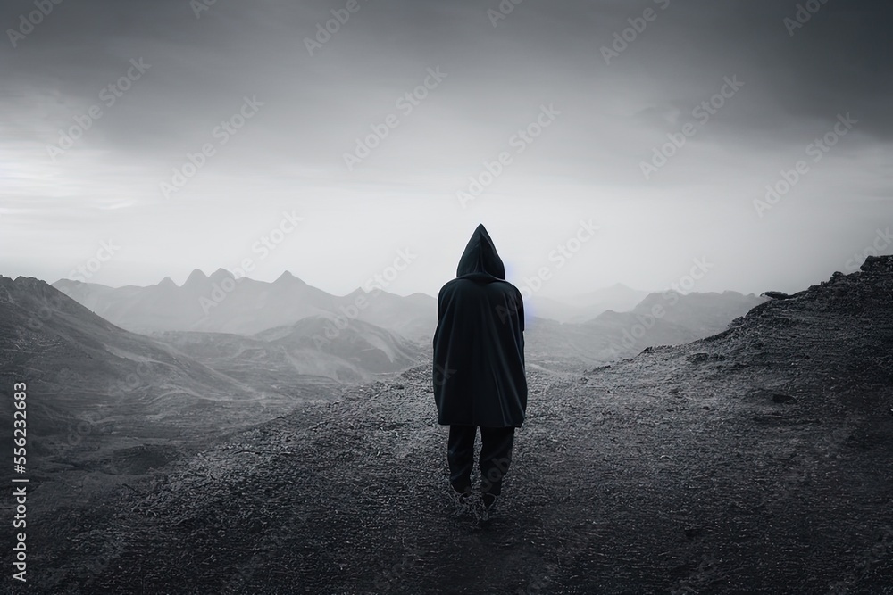 Poster a person standing on a hill with a hood on and a dark sky in the background with mountains in the di