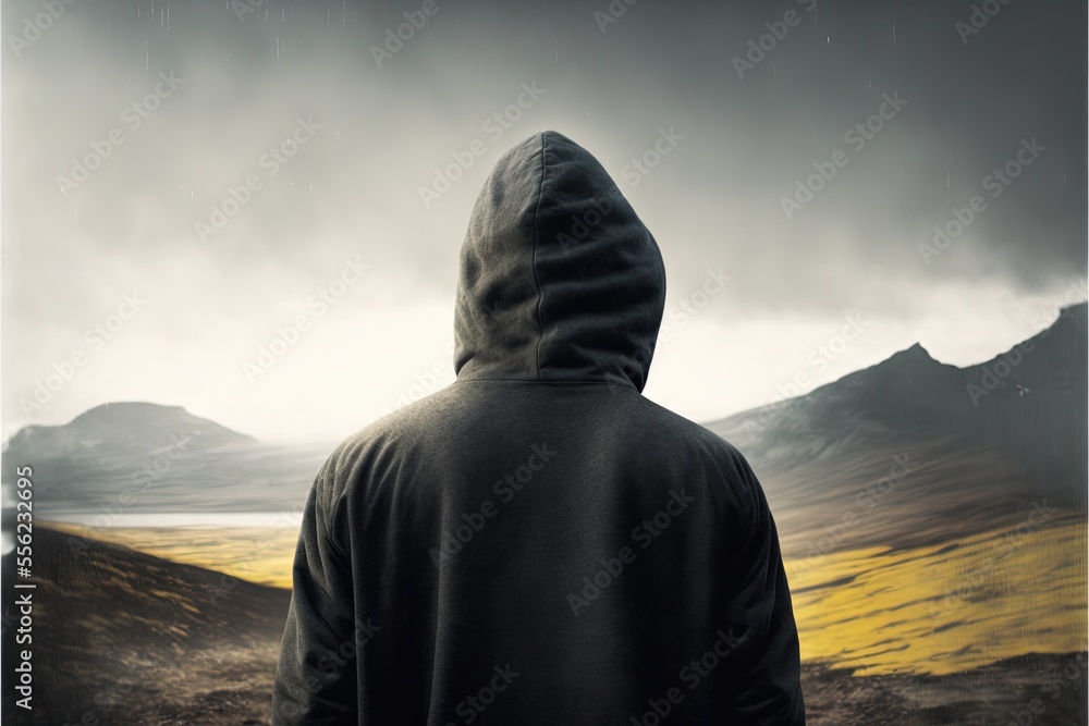 Poster a man in a hooded jacket looking at a mountain range with a yellow field in the foreground and a dar