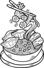 Hand Drawn noodles or ramen Chinese and Japanese food illustration