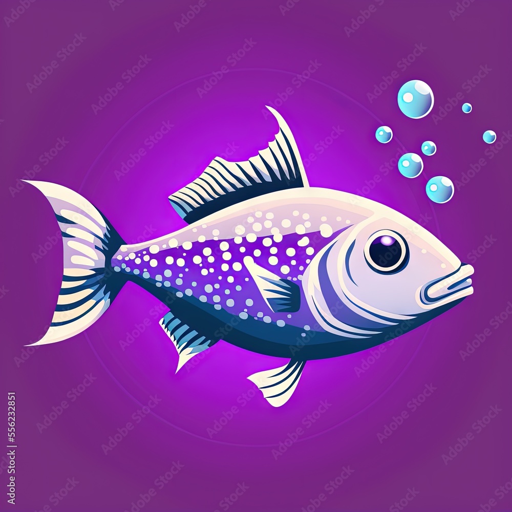Poster a fish with bubbles floating in the water on a purple background with a blue circle around it and a 