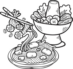 Hand Drawn Hot Pot and Noodles Chinese and Japanese food illustration