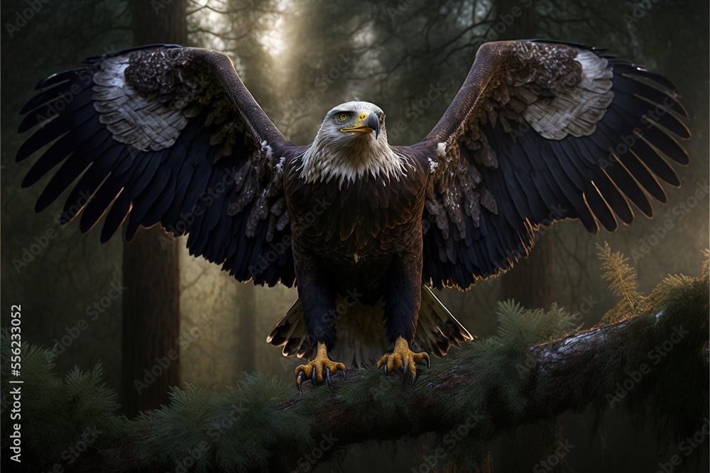 Poster a large eagle is perched on a branch in the woods with its wings spread wide open and spread wide. g