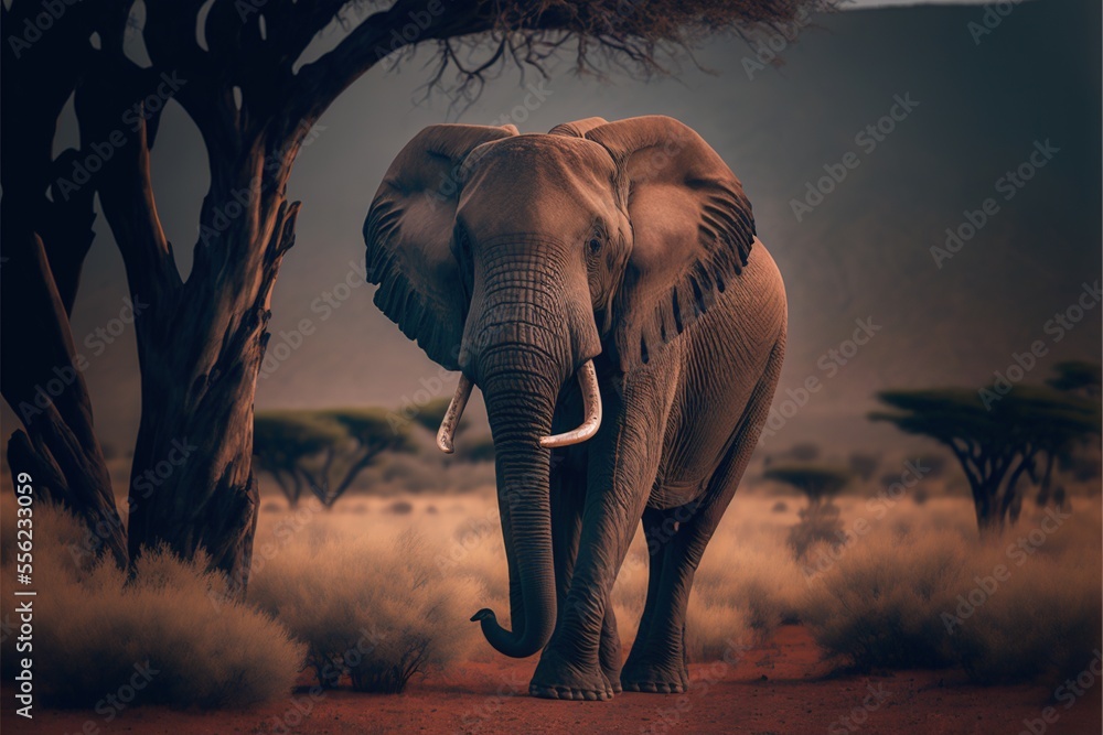 Poster an elephant walking through a desert landscape with trees in the background and a sky background wit