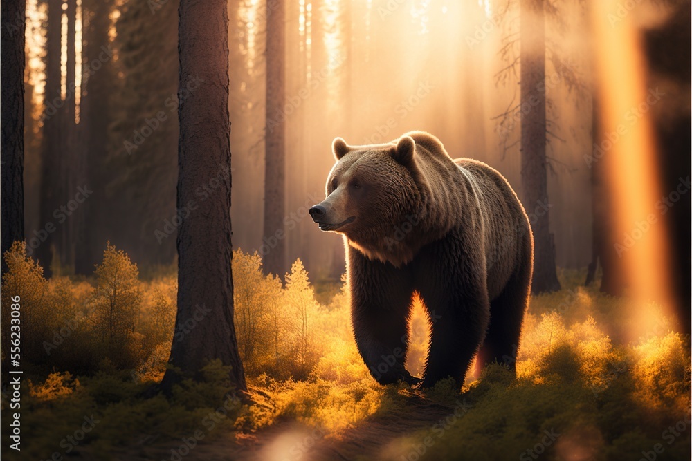 Poster a bear walking through a forest with tall trees and grass on the ground and sunlight streaming throu