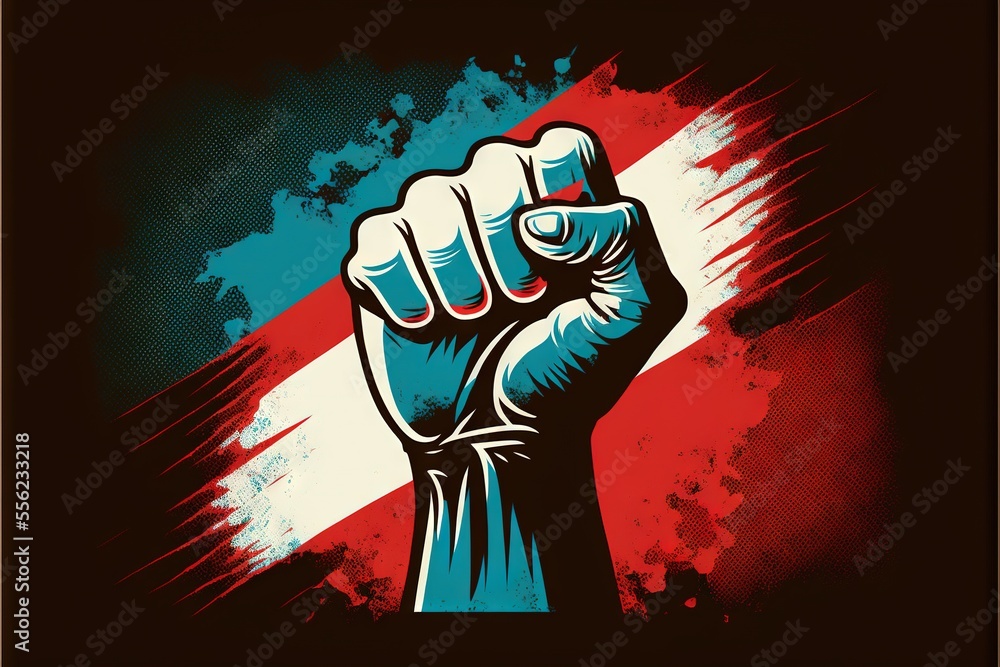 Aufkleber a fist up with a red white and blue background and a blue and white stripe on the bottom of the imag
