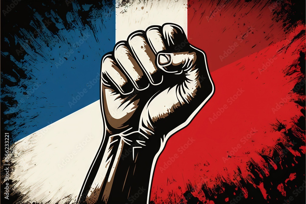 Poster a fist is raised in front of a red. generative ai