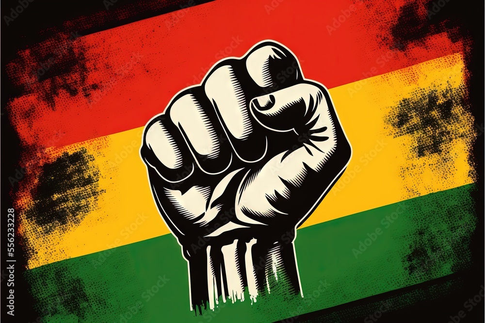 Poster a fist up in the air with a flag in the background of the image of a fist up in the air. generative 