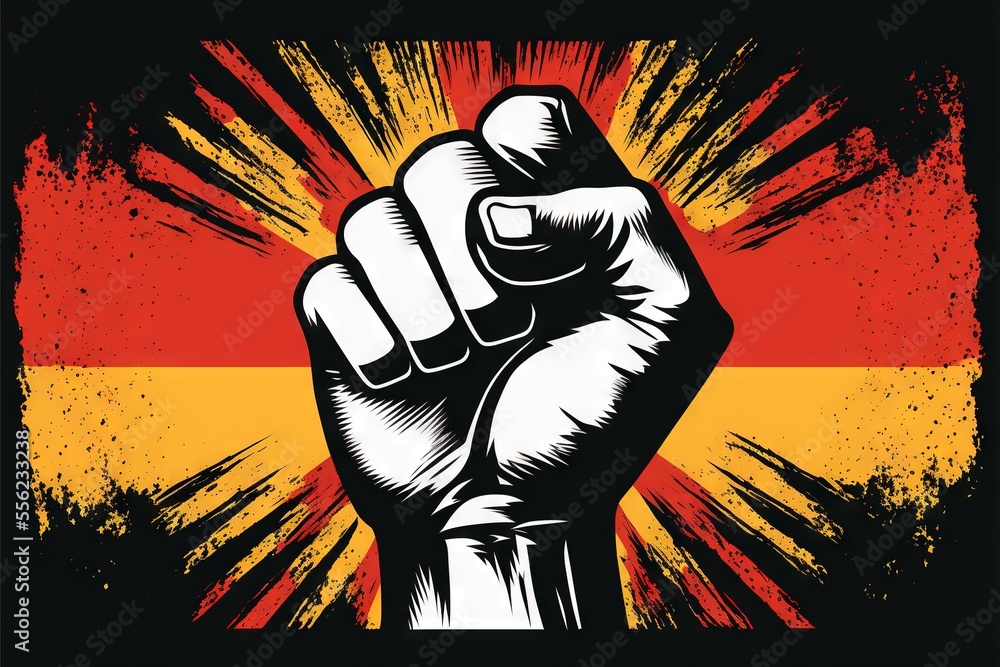 Poster a fist in front of a german flag with grungy paint on it and a black background with a red. generati