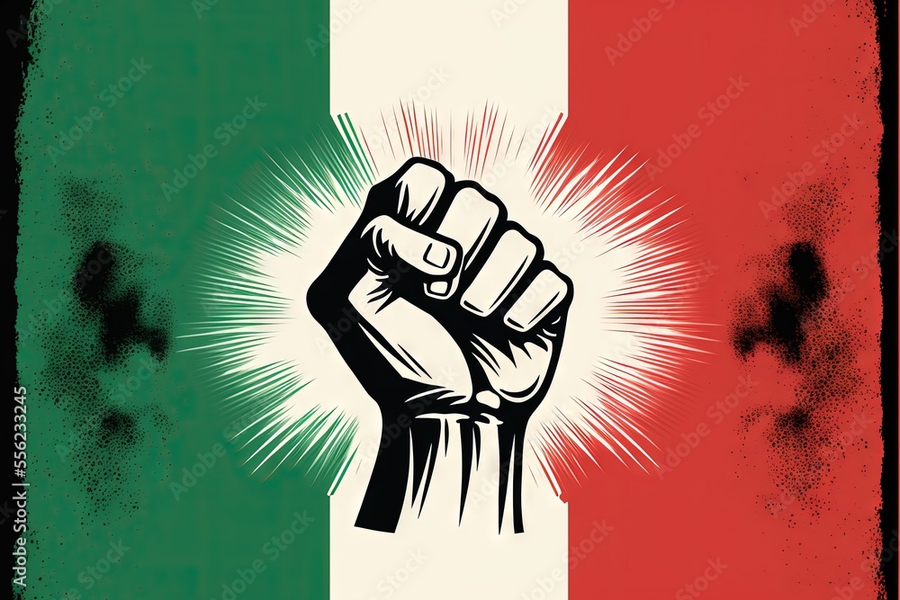 Poster a fist in front of a flag of italy with a star burst in the middle of it and a star burst in the mid