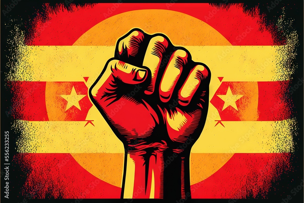 Poster a propaganda poster of a fist raised in front of a flag of the state of colorado. generative ai