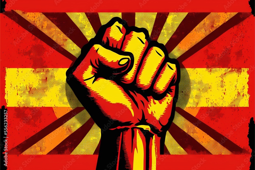 Poster a fist up in front of a flag of spain with a grungy effect of a fist up. generative ai