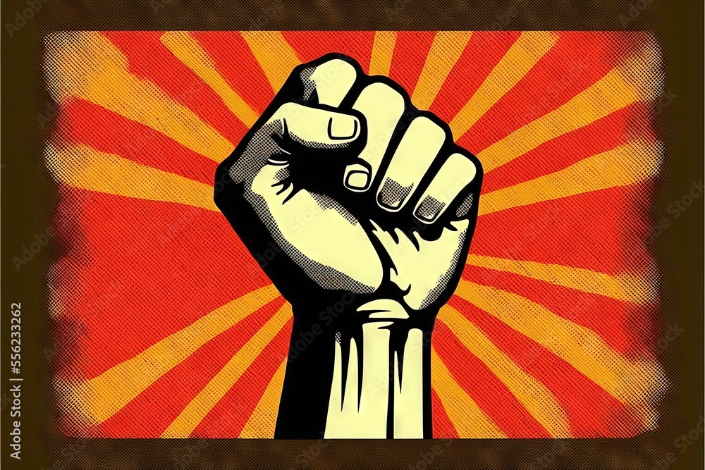 Poster a poster of a fist with a red background and yellow rays behind it that says. generative ai