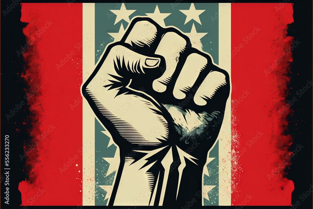 Poster a fist up in front of an american flag background with stars and stripes on it. generative ai