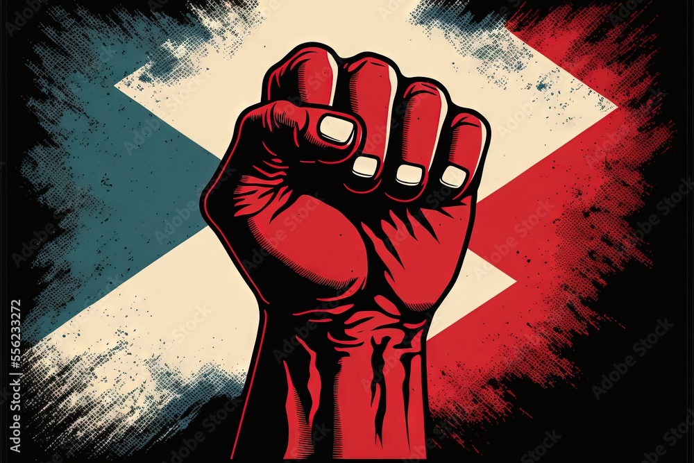 Poster a fist raised up in front of a flag of england and a grungy background with a red fist. generative a