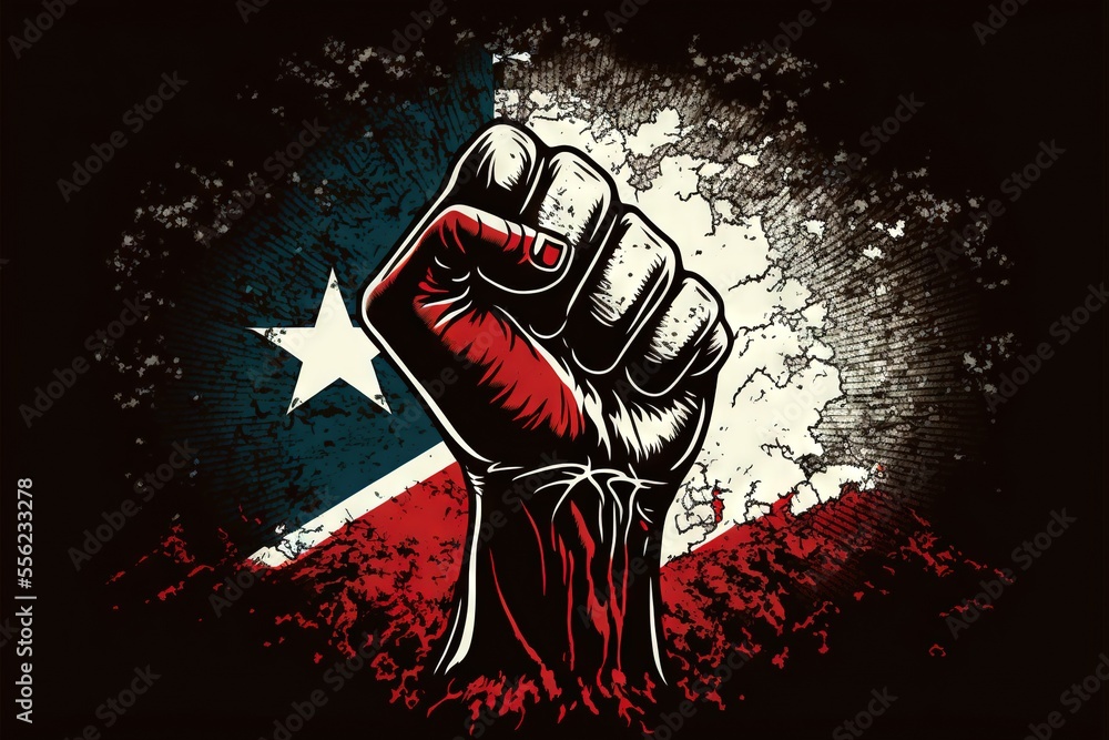 Poster a fist up in front of a flag of texas on a black background with a grunge effect. generative ai