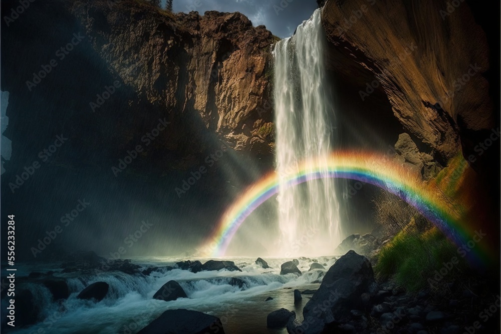 Poster a rainbow is shining in the sky over a waterfall and a river with a waterfall cascading over it. gen