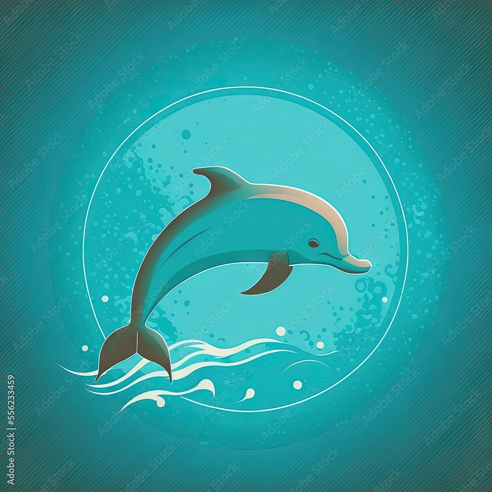 Poster a dolphin jumping out of the water in a circle with bubbles and bubbles around it. generative ai
