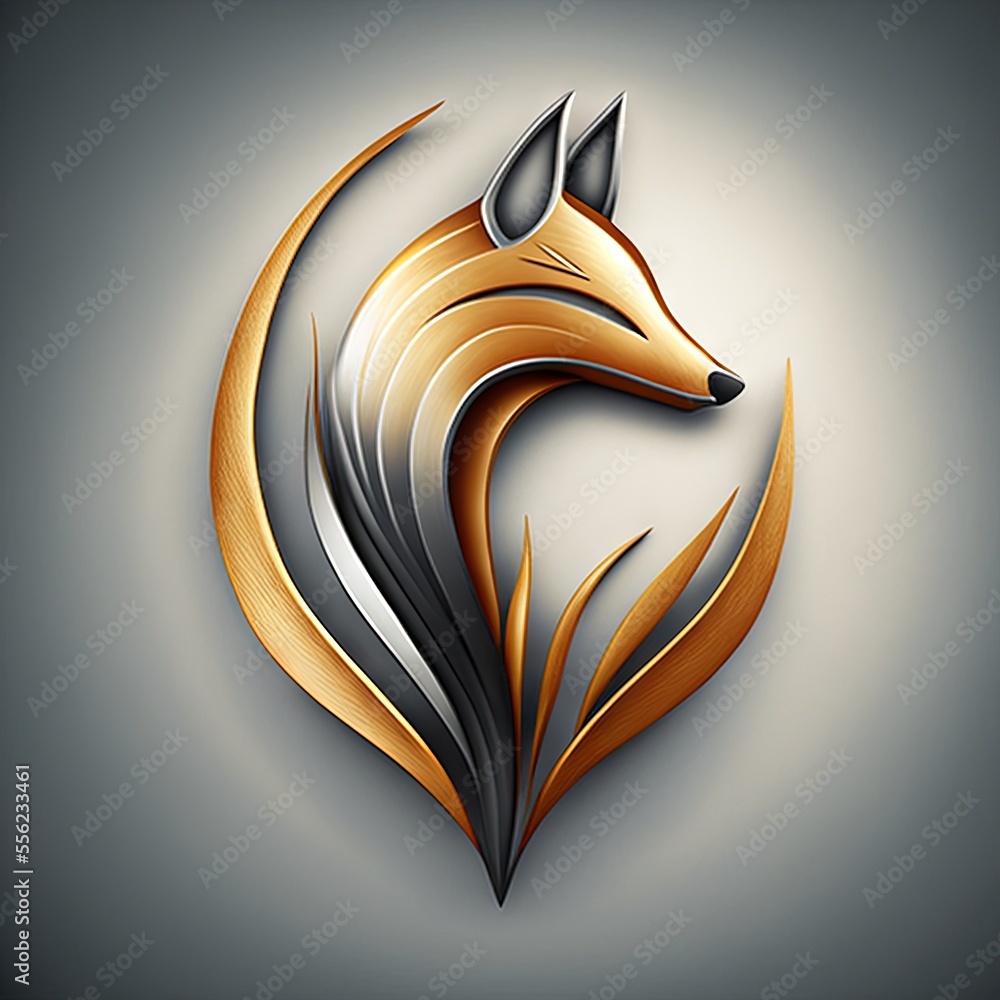 Poster a golden and black fox head on a gray background with a shadow of the head on the left side of the i