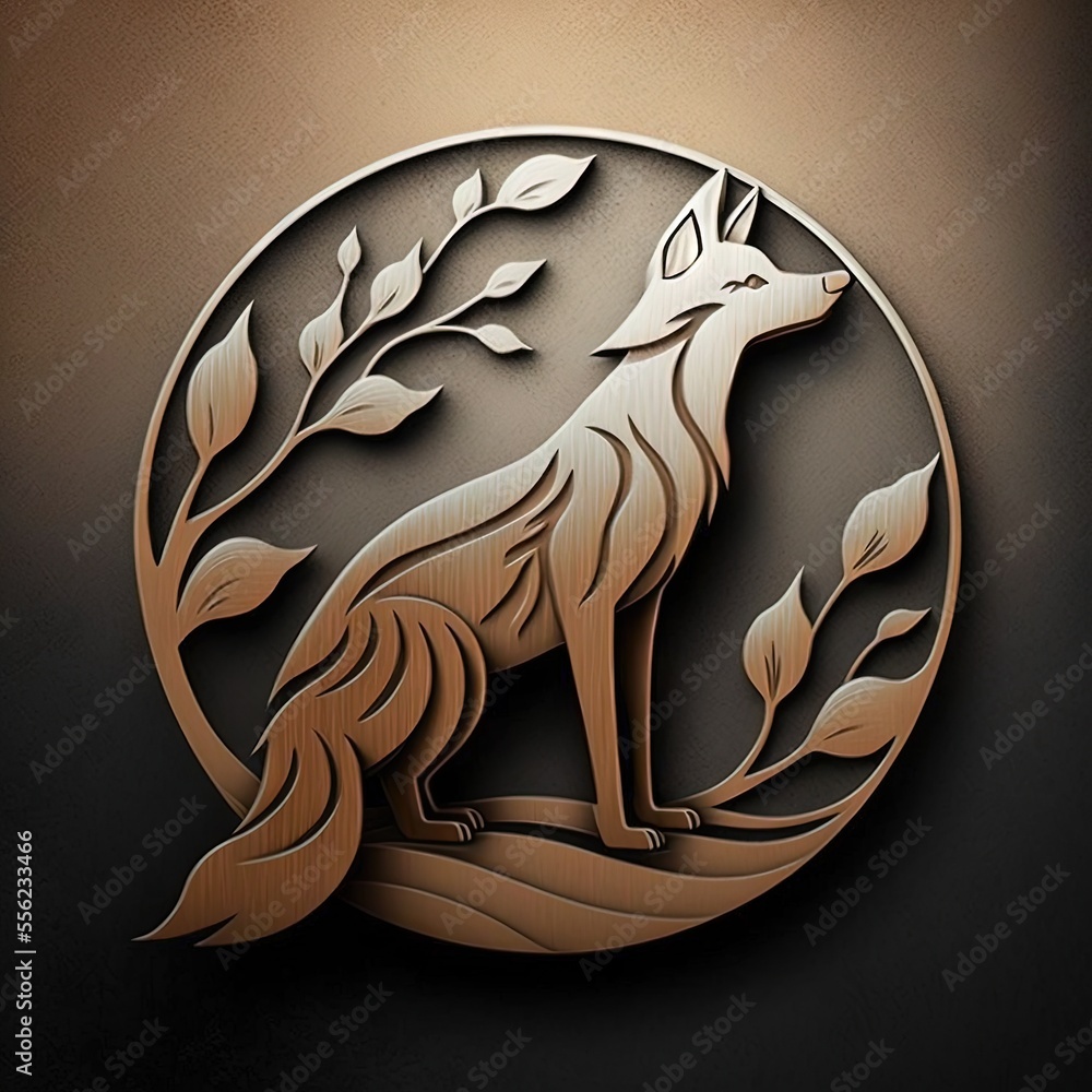 Poster a wolf logo with a tree branch in the middle of it and a circle with leaves on it. generative ai