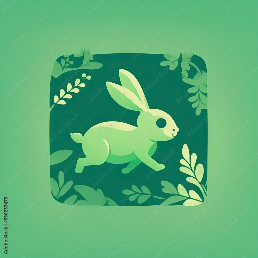 Poster a green square with a rabbit on it's side and leaves on the sides of it. generative ai